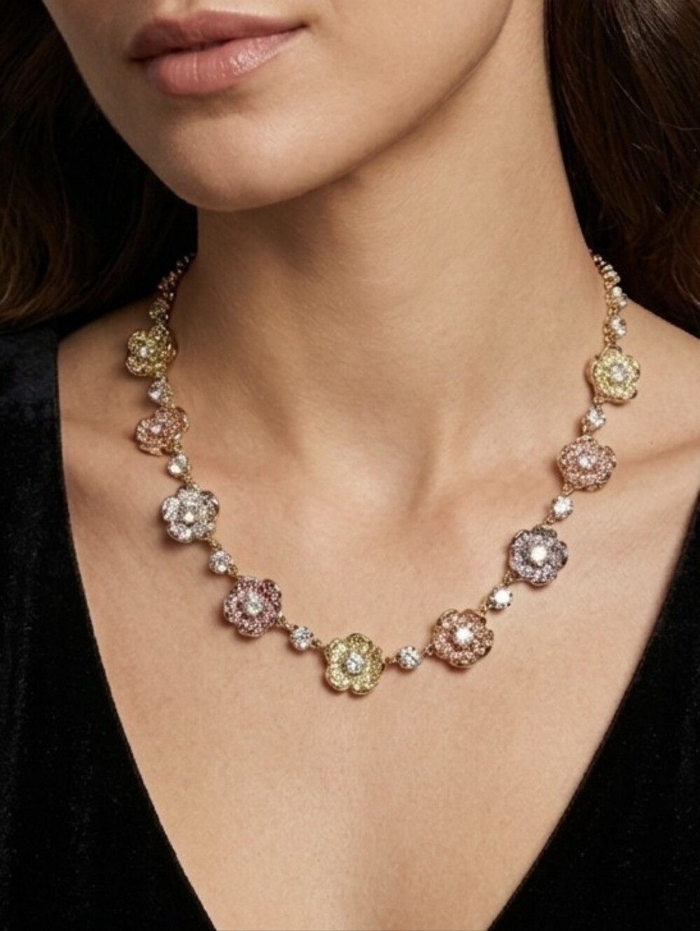 Charter Club Gold Tone Crystal Floral Station Necklace Pink Clear Rhinestone 18"